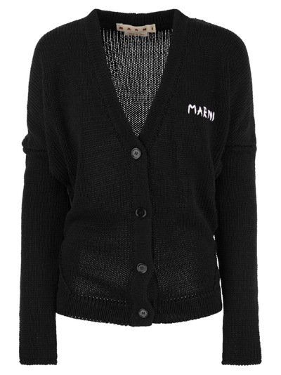 Shop Marni Logo Embroidered Buttoned Cardigan In Black