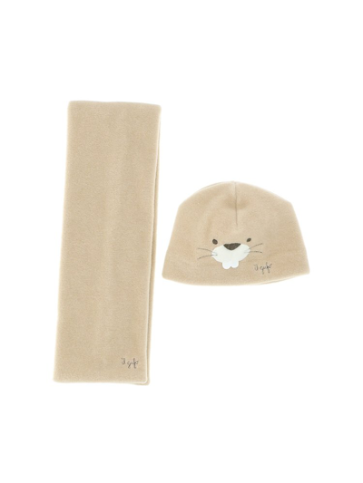 Shop Il Gufo Logo Detailed Fleece Hat Set In Beige