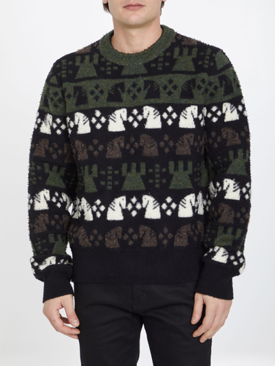Burberry Embroidered Wool Chess Crewneck Sweater In Green