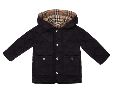 Shop Burberry Kids Checked Hooded Coat In Black