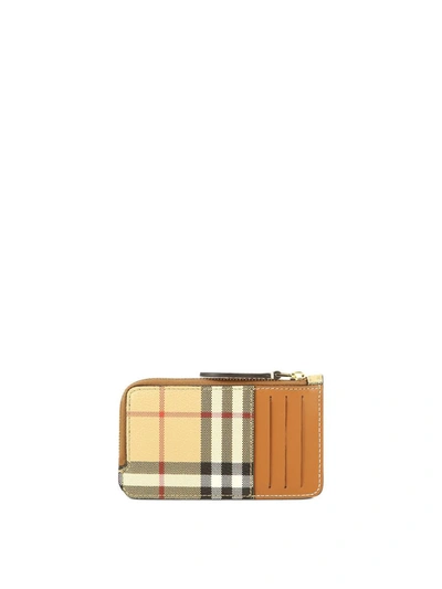 Shop Burberry Check And Leather Zip Card Case In Beige