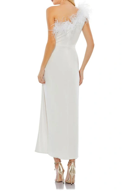 Shop Mac Duggal Feather Trim One-shoulder Cocktail Midi Dress In White