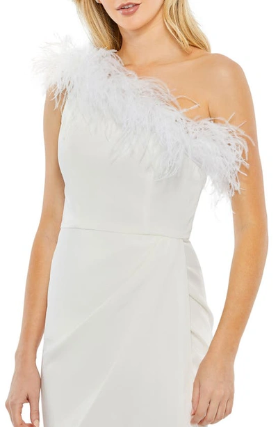 Shop Mac Duggal Feather Trim One-shoulder Cocktail Midi Dress In White