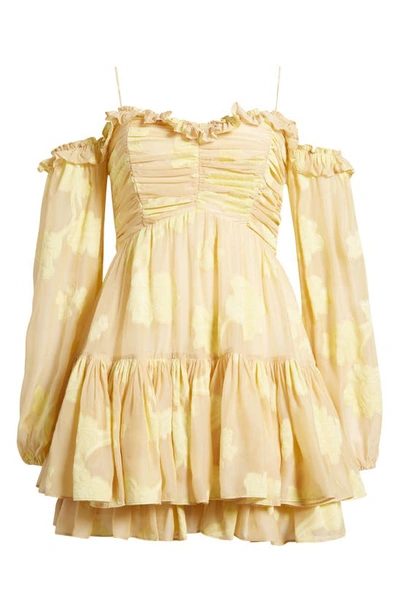 Shop Loveshackfancy Zennia Ruffle Cold Shoulder Long Sleeve Mini Sundress In Daisy Yellow