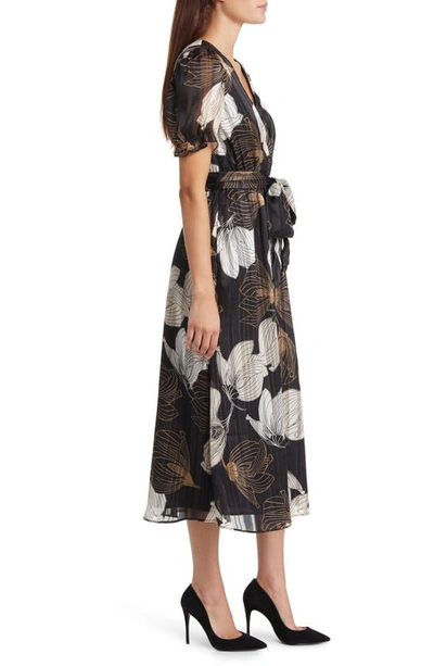 Shop Anne Klein Metallic Floral Puff Sleeve Midi Dress In Anne Black/ Crema Multi