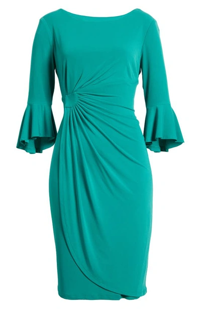 Shop Connected Apparel Ruched Bell Sleeve Faux Wrap Cocktail Dress In Jade