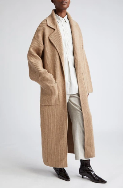 Shop Totême Wool Blend Rib Cardigan Coat In Biscuit