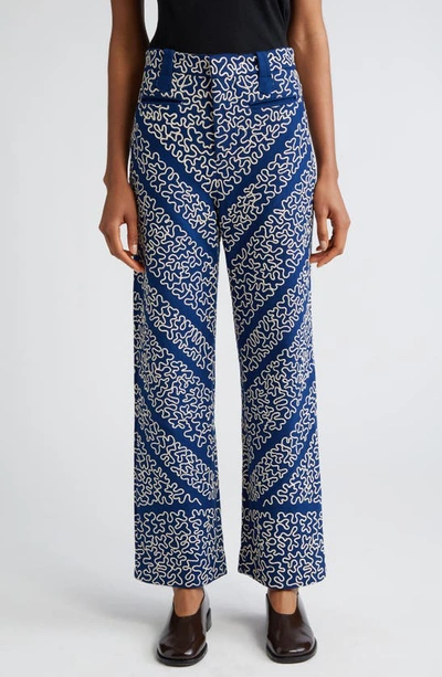 Shop Bode Bombora Couching Embroidered Wool Blend Wide Leg Trousers In White Blue