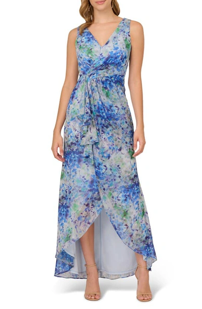 Shop Adrianna Papell Floral Metallic High-low Gown In Blue Multi