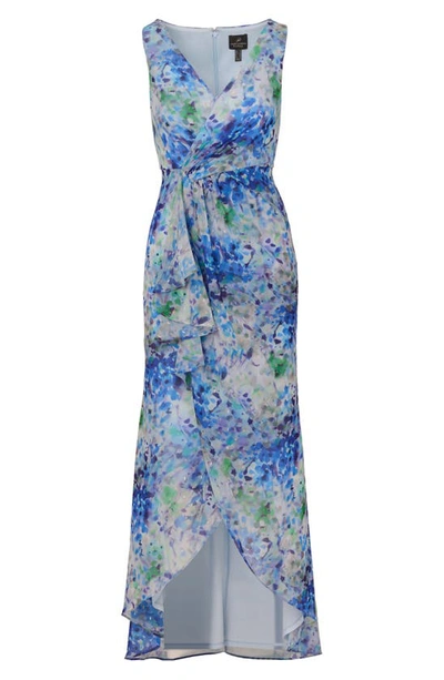 Shop Adrianna Papell Floral Metallic High-low Gown In Blue Multi