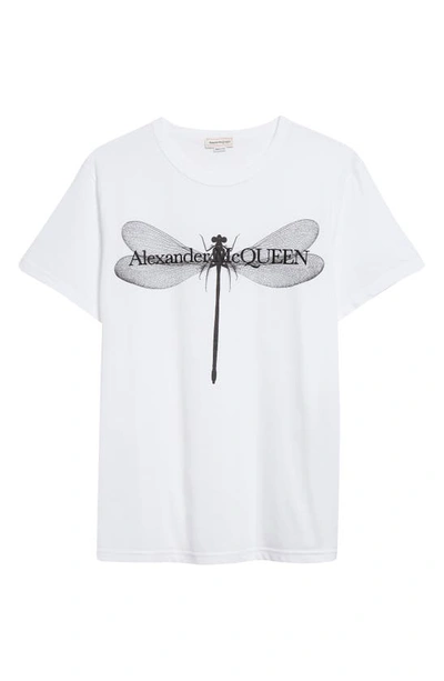 Shop Alexander Mcqueen Dragonfly Embroidered Cotton Graphic T-shirt In White / Black