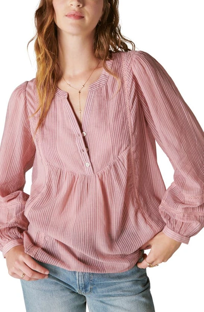 Shop Lucky Brand Lace Inset Long Sleeve Cotton Top In Zephyr Pink Stripe