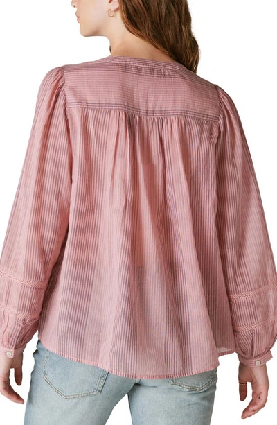 Shop Lucky Brand Lace Inset Long Sleeve Cotton Top In Zephyr Pink Stripe