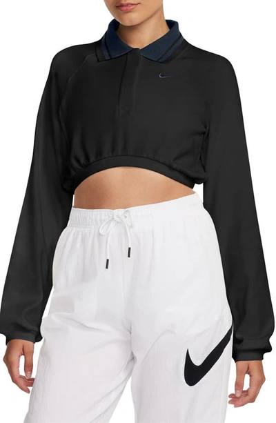 Shop Nike Sportswear Collection Long Sleeve Crop Polo In Black/ Obsidian/ Obsidian