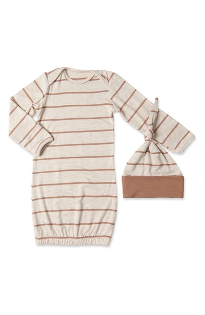 Shop Baby Grey By Everly Grey Stripe Gown & Hat Set In Mocha Stripe