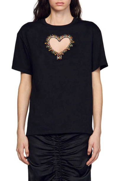 Shop Sandro Murphy Rhinestone Heart Cutout Top In Black