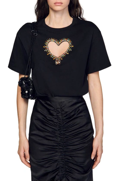 Shop Sandro Murphy Rhinestone Heart Cutout Top In Black