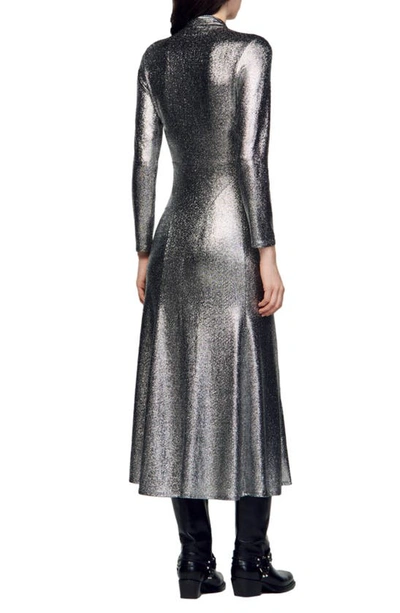 Sandro Hanna Metallic Long Sleeve Midi Dress In Silver