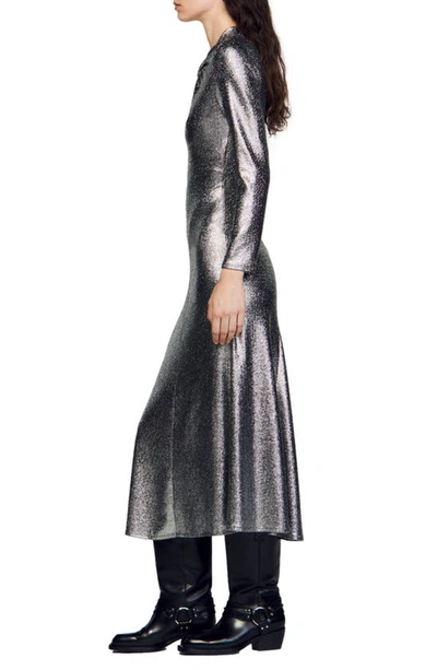 Sandro Hanna Metallic Long Sleeve Midi Dress In Silver