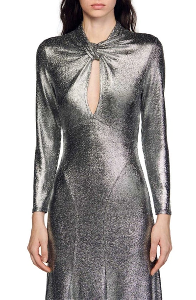 Sandro Hanna Metallic Long Sleeve Midi Dress In Silver