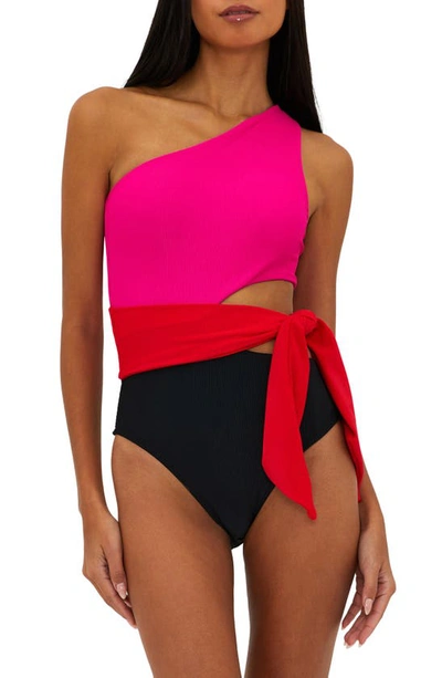 Shop Beach Riot Carlie Cutout One-shoulder Tie Waist One-piece Swimsuit In Glacier Colorblock