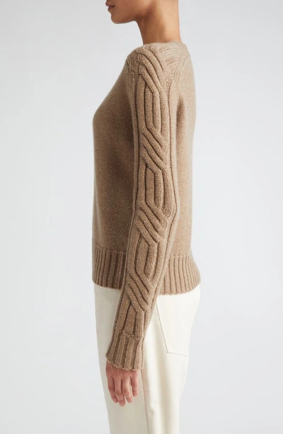 Shop Max Mara Berlina Cable Knit Sleeve Cashmere Crewneck Sweater In Sand