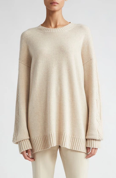 Shop Max Mara Vicini Cable Knit Sleeve Cashmere Crewneck Sweater In Beige