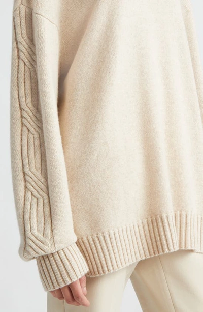 Shop Max Mara Vicini Cable Knit Sleeve Cashmere Crewneck Sweater In Beige
