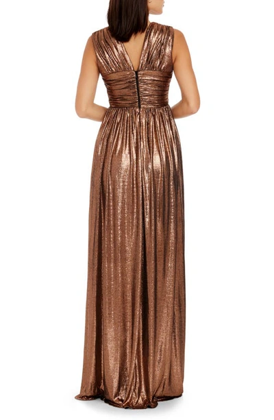 Shop Dress The Population Jaclyn Pleated Metallic Gown In Bronze