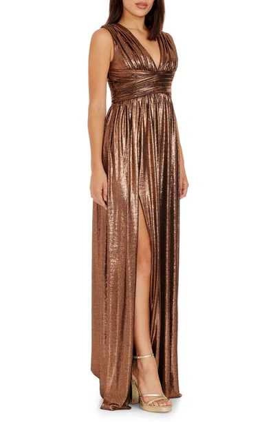 Shop Dress The Population Jaclyn Pleated Metallic Gown In Bronze