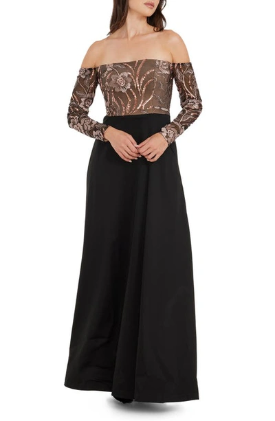 Shop Dress The Population Margaret Sequin Embroidered Off The Shoulder Long Sleeve Gown In Black Multi