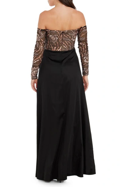 Dress The Population Margaret Sequin Embroidered Off The Shoulder Long Sleeve Gown In Black Multi