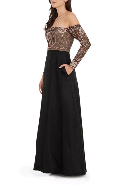 Dress The Population Margaret Sequin Embroidered Off The Shoulder Long Sleeve Gown In Black Multi