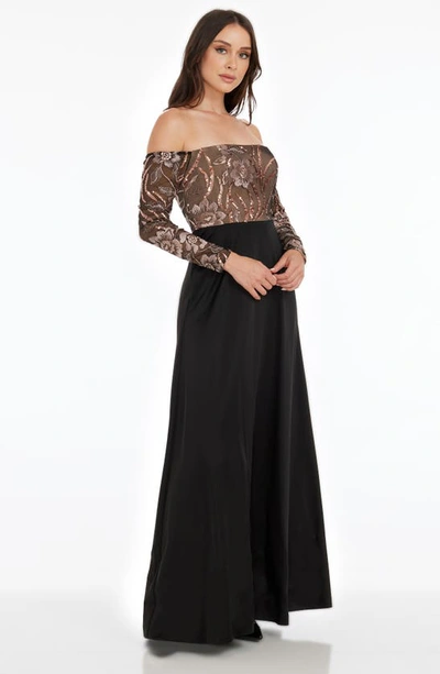 Shop Dress The Population Margaret Sequin Embroidered Off The Shoulder Long Sleeve Gown In Black Multi