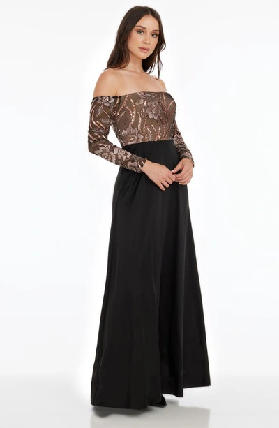 Dress The Population Margaret Sequin Embroidered Off The Shoulder Long Sleeve Gown In Black Multi