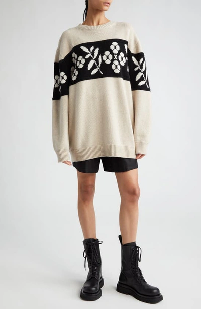 Max Mara Floral Jacquard Oversize Wool & Cashmere Crewneck Sweater In Beige