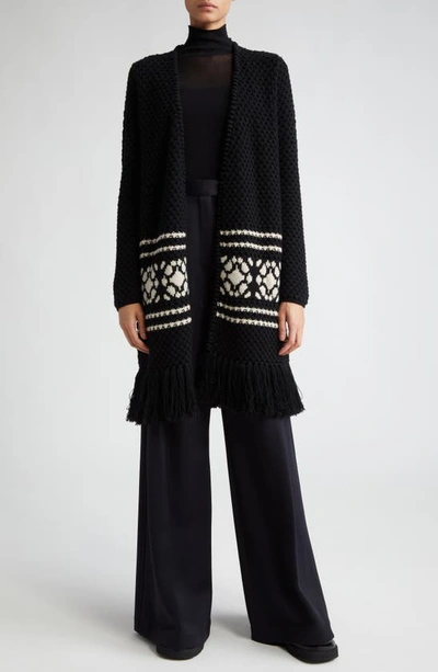 Shop Max Mara Orione Longline Tie Waist Fringe Trim Wool & Cashmere Cardigan In Black