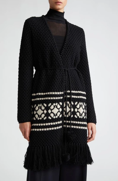 Shop Max Mara Orione Longline Tie Waist Fringe Trim Wool & Cashmere Cardigan In Black