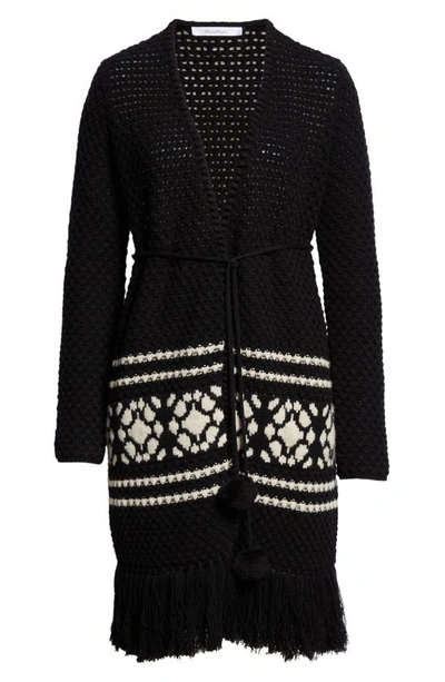 Shop Max Mara Orione Longline Tie Waist Fringe Trim Wool & Cashmere Cardigan In Black