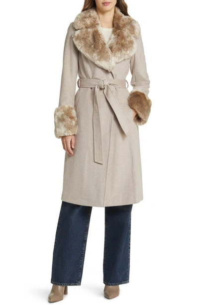 Shop Via Spiga Wool Blend Belted Coat With Faux Fur Trim In Bone