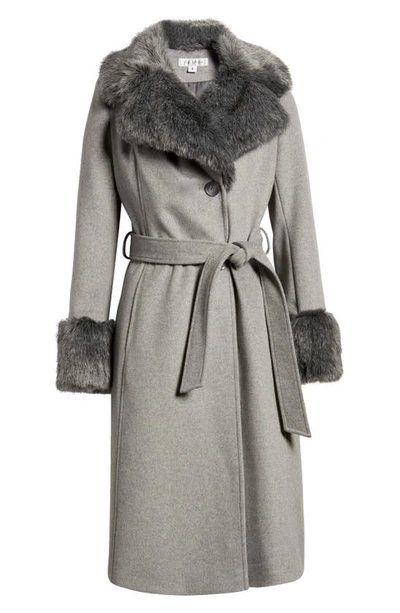 Via Spiga Wool Blend Belted Coat With Faux Fur Trim In Heather Grey