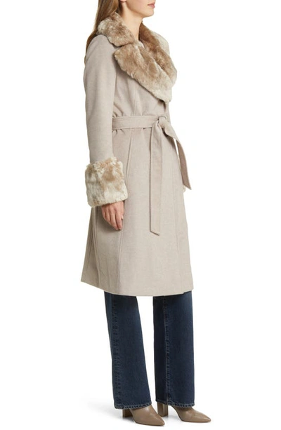 Shop Via Spiga Wool Blend Belted Coat With Faux Fur Trim In Bone