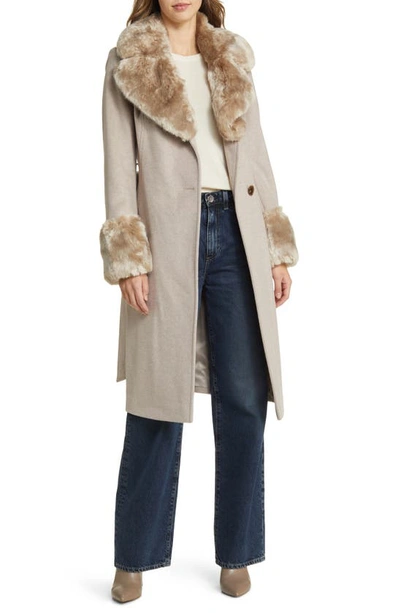 Shop Via Spiga Wool Blend Belted Coat With Faux Fur Trim In Bone