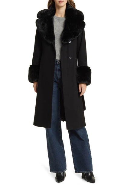 Shop Via Spiga Wool Blend Belted Coat With Faux Fur Trim In Black