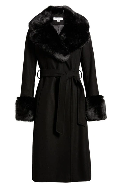 Shop Via Spiga Wool Blend Belted Coat With Faux Fur Trim In Black