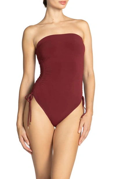 Shop Robin Piccone Aubrey Strapless Cinched One-piece Swimsuit In Ancho