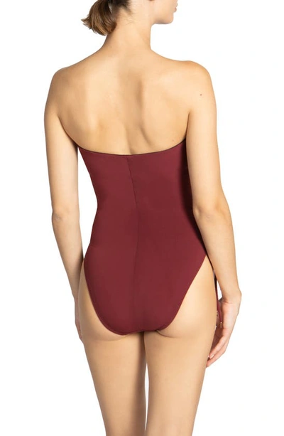 Shop Robin Piccone Aubrey Strapless Cinched One-piece Swimsuit In Ancho