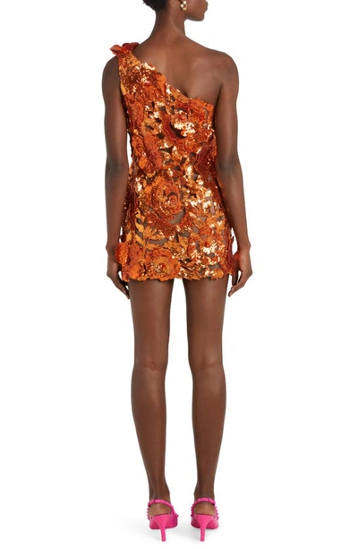 Shop Valentino Sequin Floral Embroidery One-shoulder Minidress In Off Orange