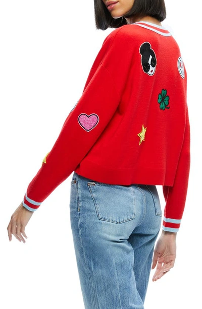 Shop Alice And Olivia Gleeson Embellished Patch Wool Blend Pullover In Bright Ruby/ Stripe