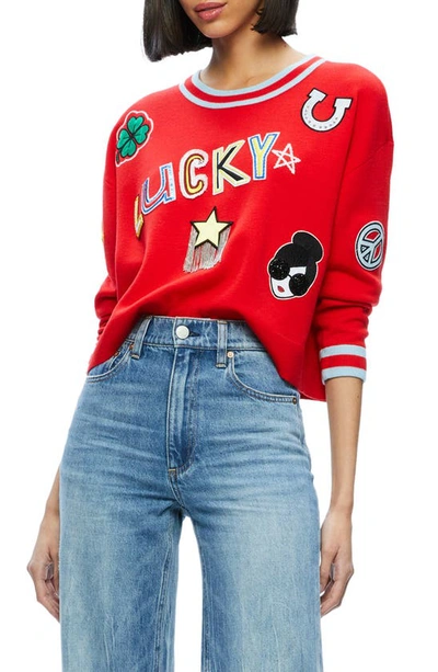 Shop Alice And Olivia Gleeson Embellished Patch Wool Blend Pullover In Bright Ruby/ Stripe
